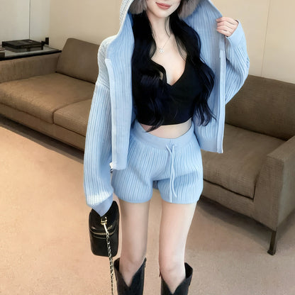 Casual Fashion Hooded Loose Long Sleeve Knitted Cardigan Sweater Drawstring Shorts Two-Piece Set