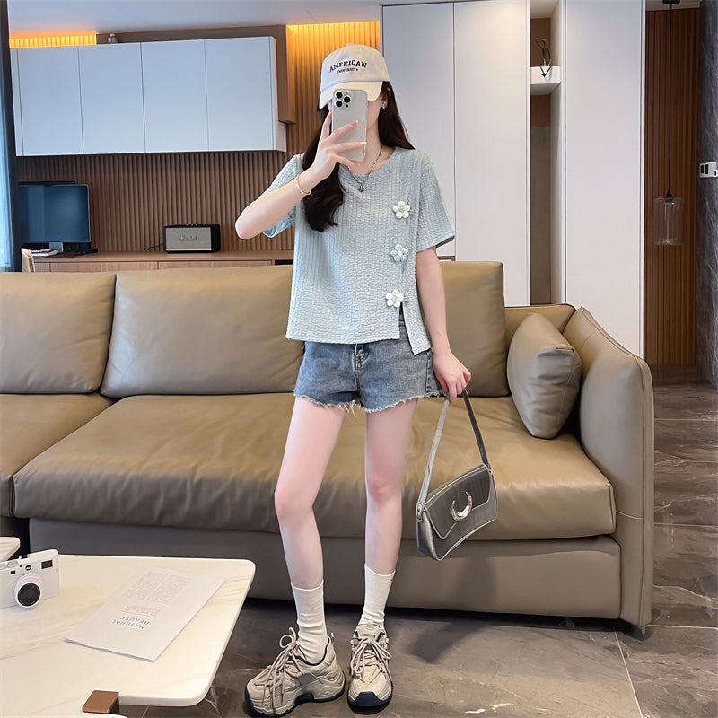 Irregular Slit Short-Sleeved T-Shirt