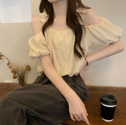 Chic Pink Off-the-Shoulder Puff-Sleeve Blouse
