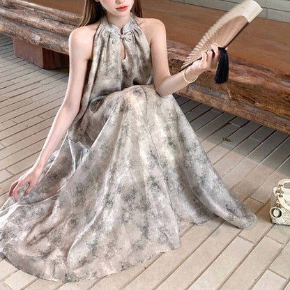 New Chinese Style Tie-Dye Halter Neck Top And Long Skirt Two-Piece Set