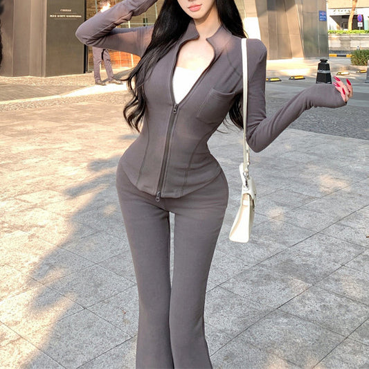 Sexy Double-Zipper Design Top And Wide-Leg Pants Set