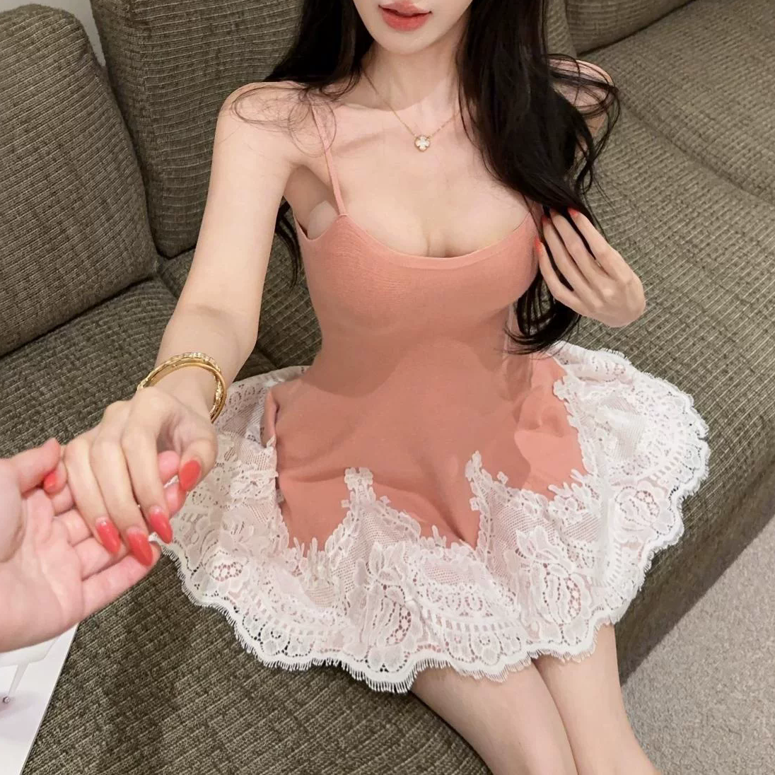 Lace Patchwork Waist-Cinching Suspender Dress