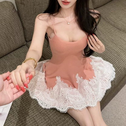 Lace Patchwork Waist-Cinching Suspender Dress