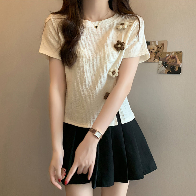 Loose Large Size Three-Dimensional Flower Short-Sleeved T-Shirt