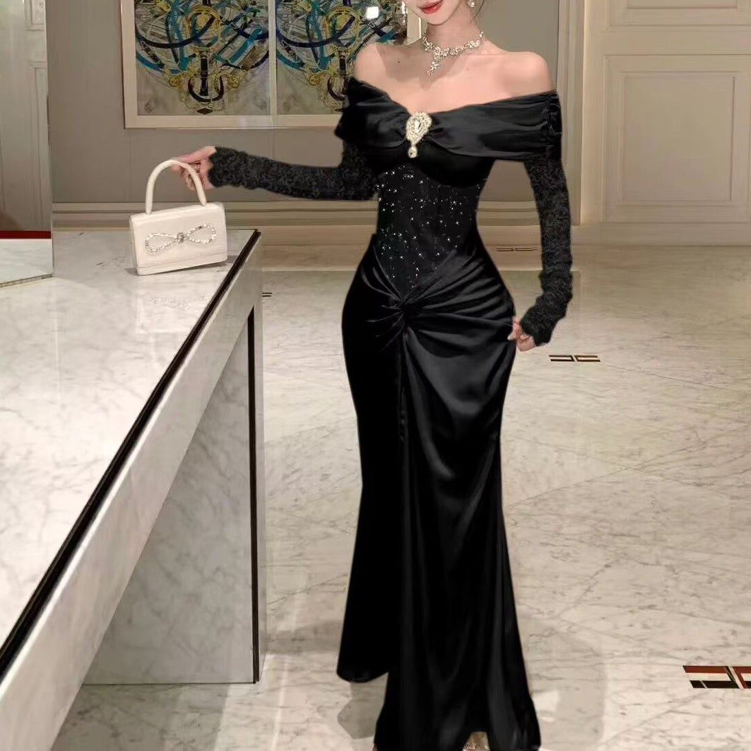 Sexy Off-The-Shoulder Lace Patchwork Evening Gown