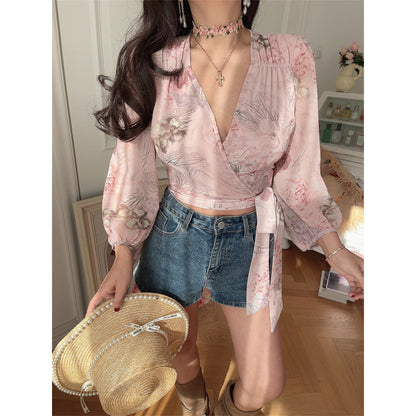 Retro V-Neck Lantern Sleeve Tie-Up Floral Shirt