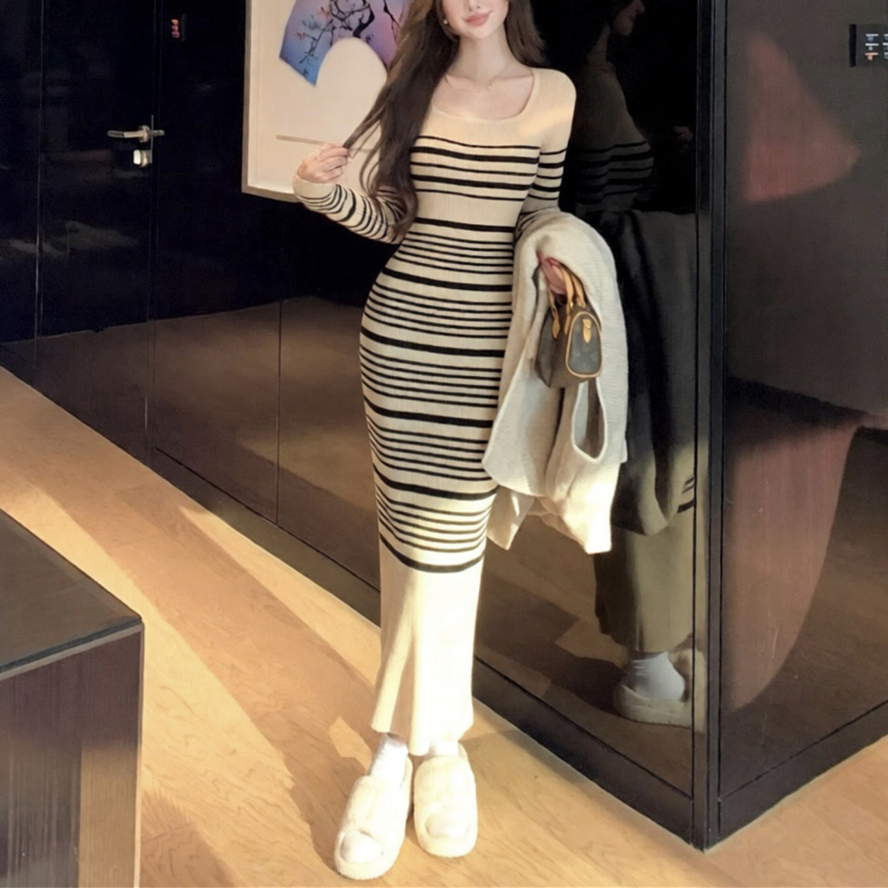 Sexy Square-Neck Striped Knit Dress