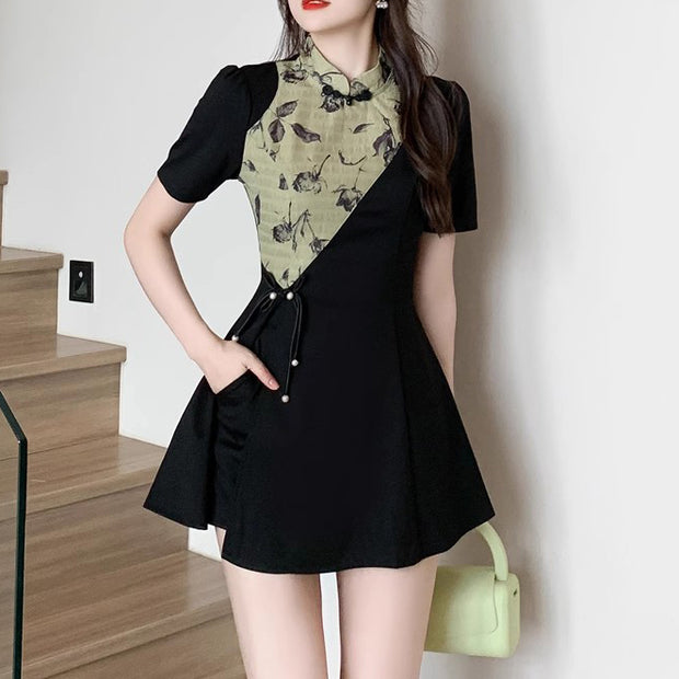 Two-Piece Floral Dress And Shorts With Slim Waist And Elegant Splicing