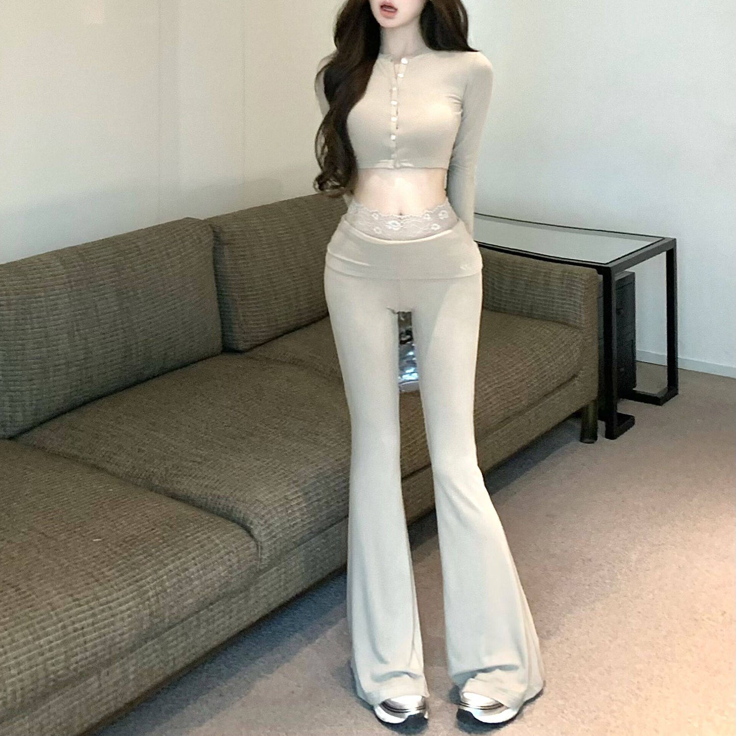 Sexy Long-Sleeved Top And High-Waisted Slightly Flared Casual Pants Two-Piece Set