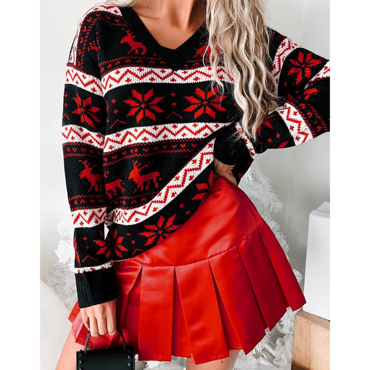 Christmas V-Neck Long-Sleeved Reindeer Jacquard Color-Blocked Sweater