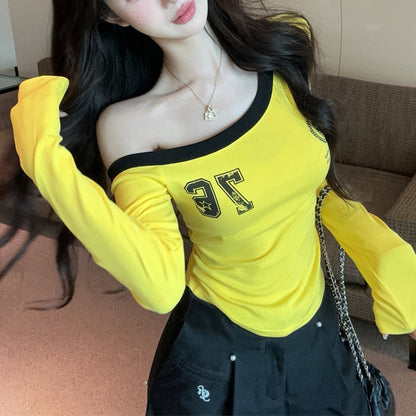 Sexy Color-Block One-Shoulder Long-Sleeve T-Shirt