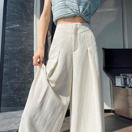 Linen-Blend Ice Silk Wide-Leg Pants