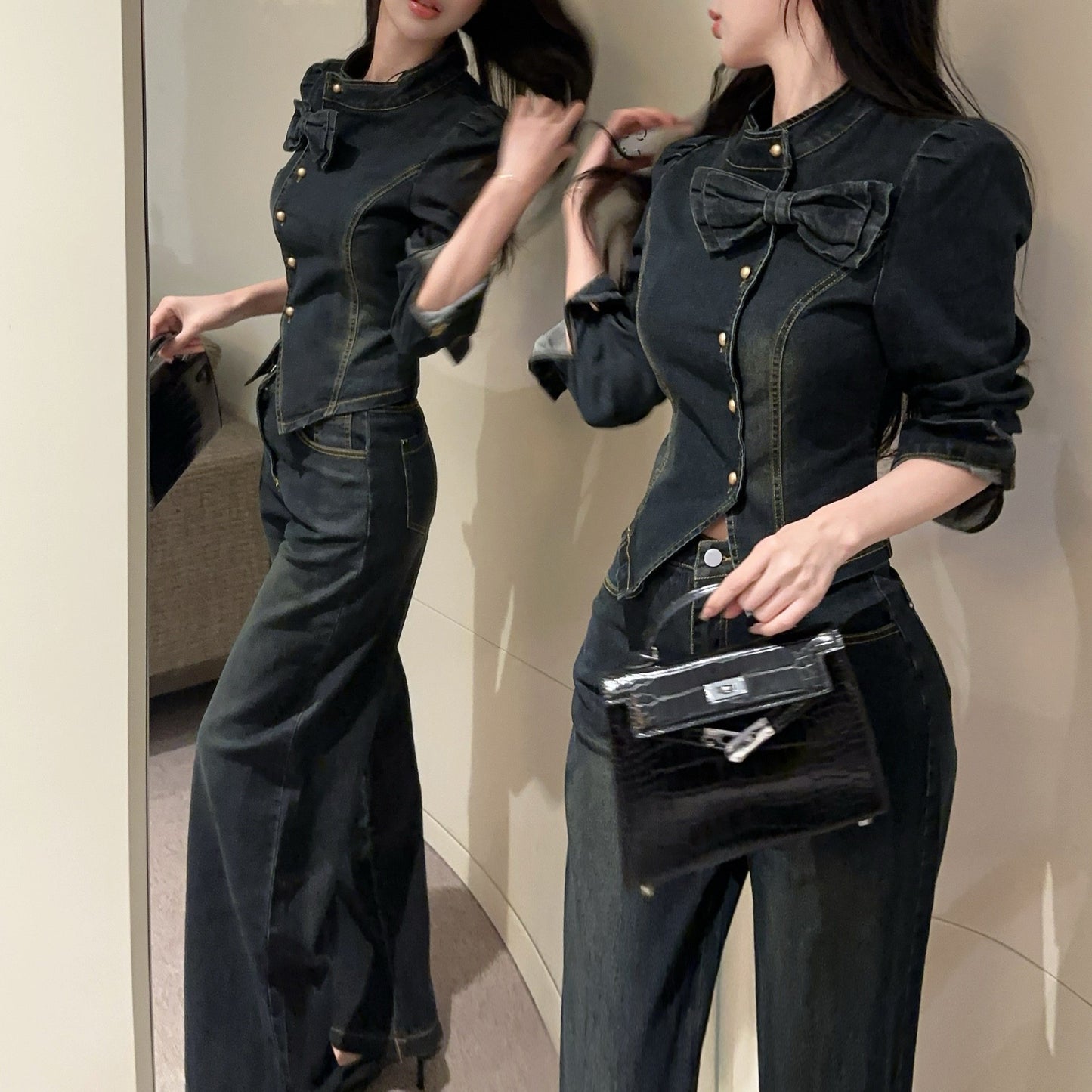 French-Style Sexy Bow-Knot Irregular Denim Top And High-Waisted Pants Set