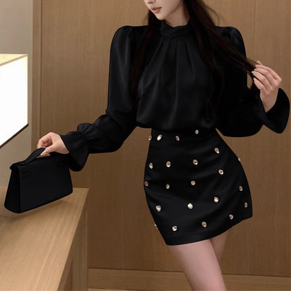 Puff Sleeve Satin Shirt Dress Two-Piece Set