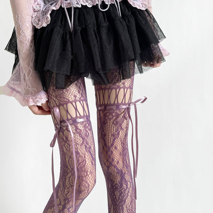 Retro Hollow Lace Bow Tie Fishnet Stockings