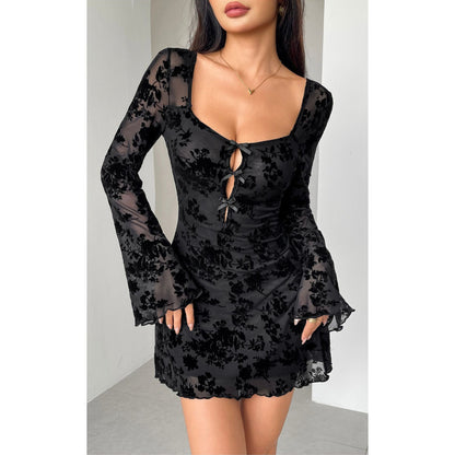 Long-Sleeved Floral Openwork Bow Dress