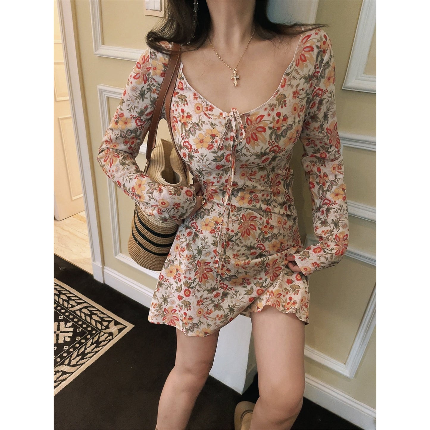 French Retro V-Neck Fitted Waist Floral Dress