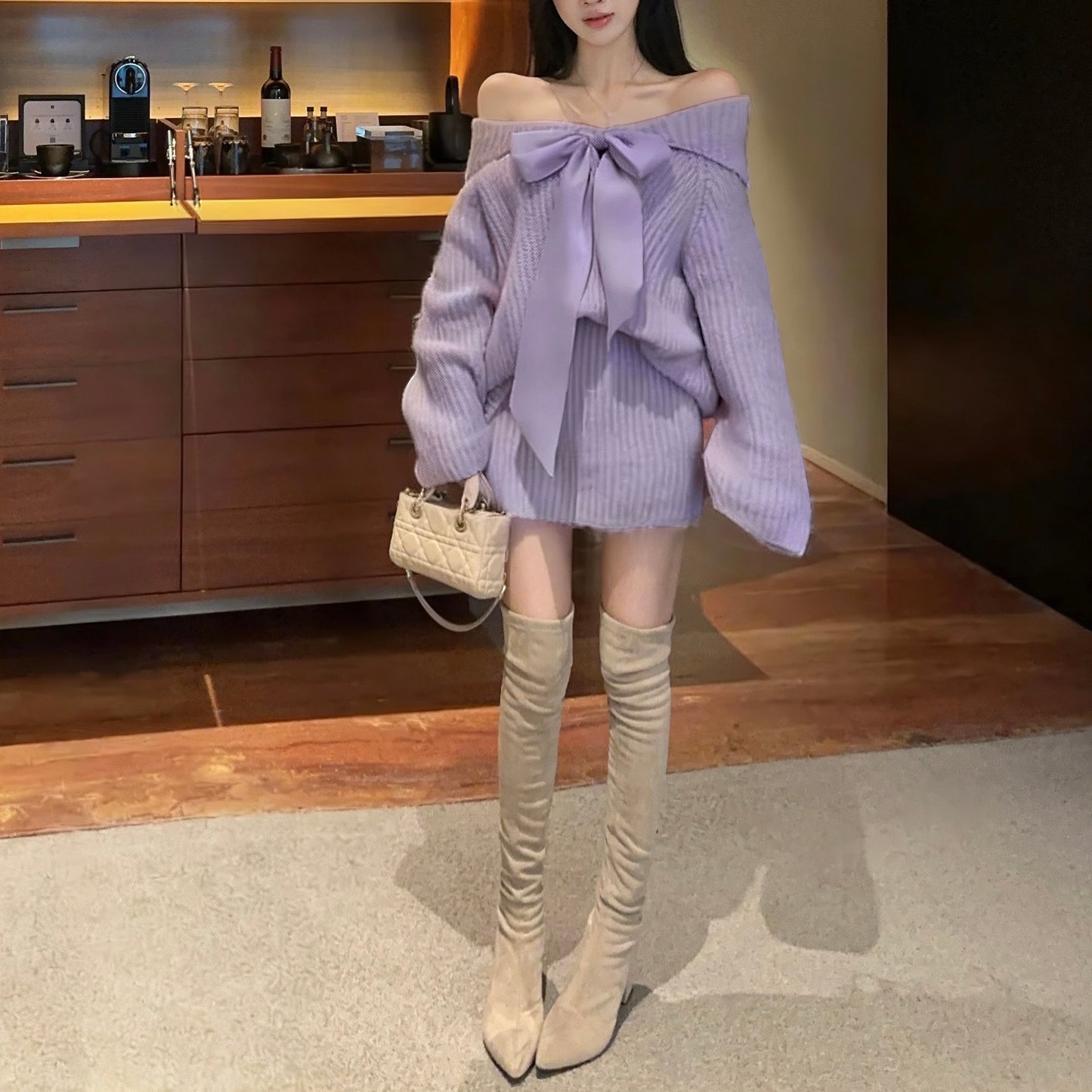 Off-Shoulder Loose Bow Tie Knit Sweater And Skirt Two-Piece Set