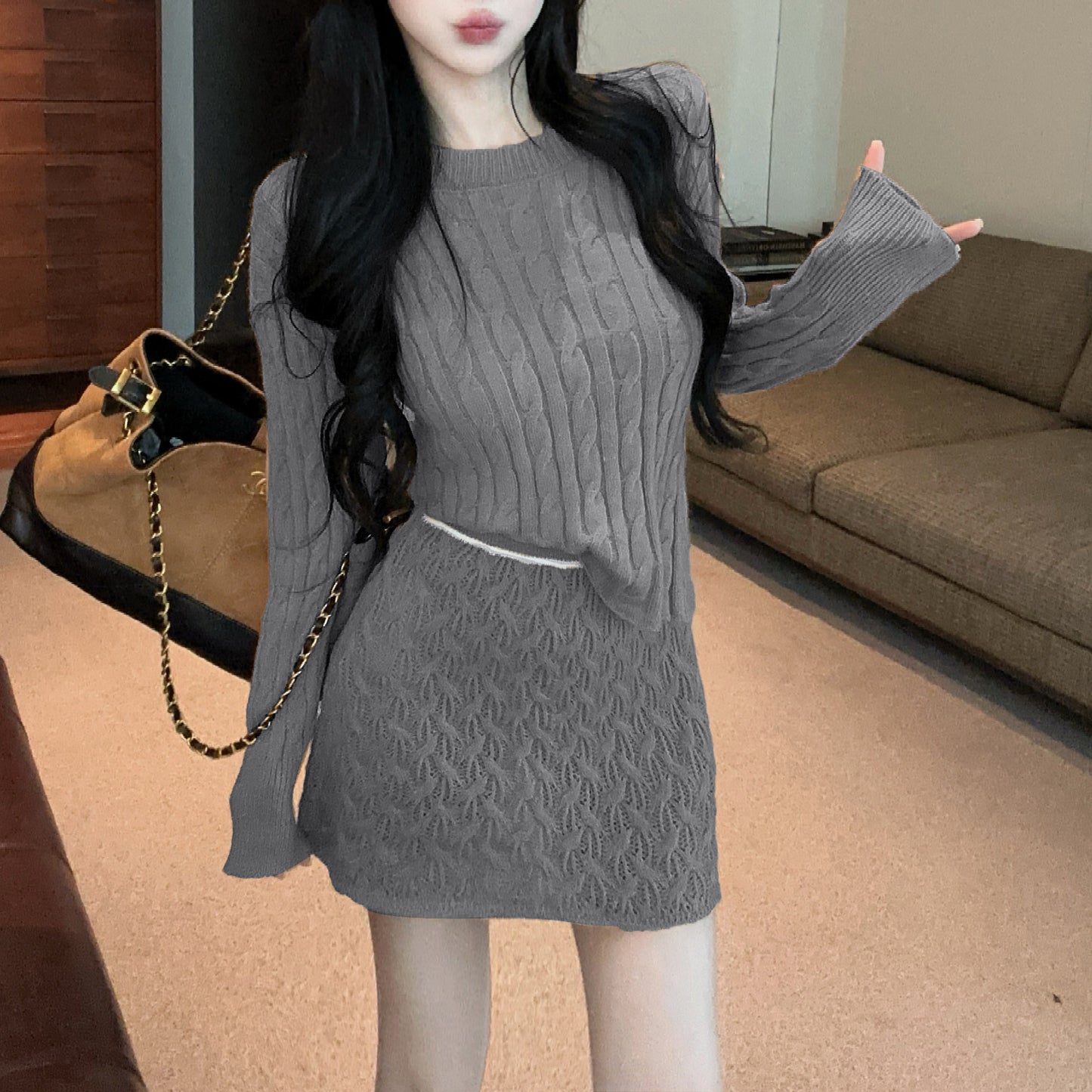 Retro Sexy Round Neck Cable Knit Top High Waist Miniskirt Set