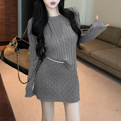 Retro Sexy Round Neck Cable Knit Top High Waist Miniskirt Set