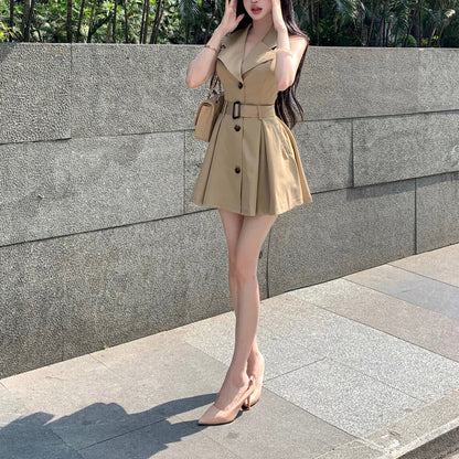 Retro Suit Collar High-Waisted Dress