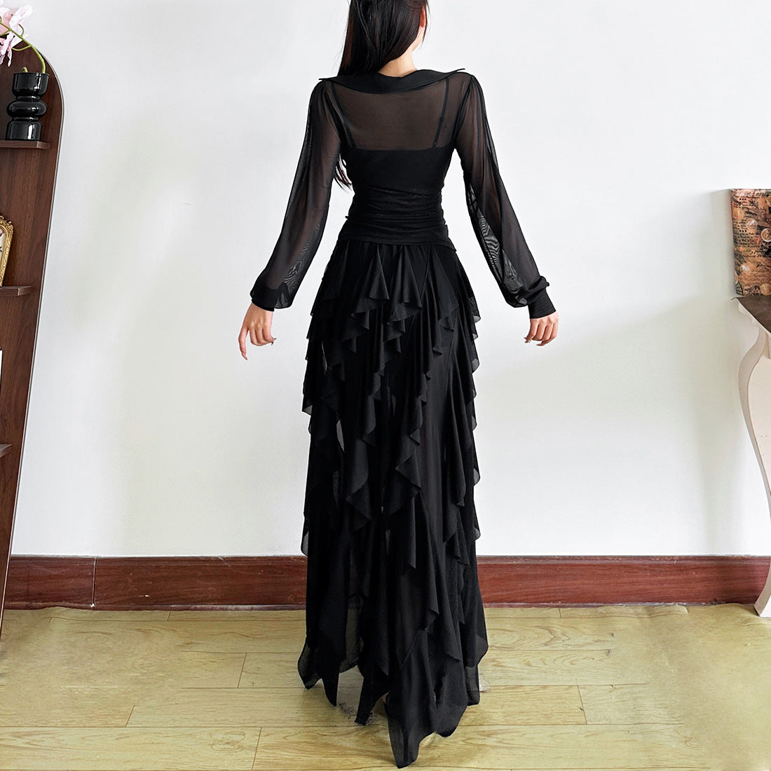 Sexy French Irregular Square Neck Long Top High Waist Slit Skirt Set