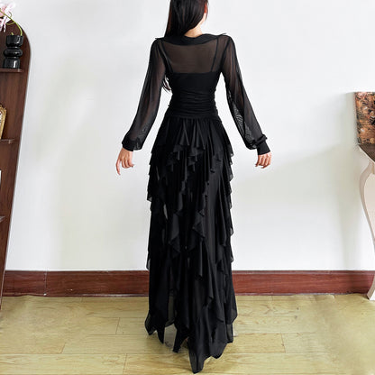 Sexy French Irregular Square Neck Long Top High Waist Slit Skirt Set