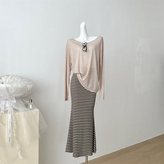 Loose Long-Sleeve Top And Striped Fishtail Skirt Set