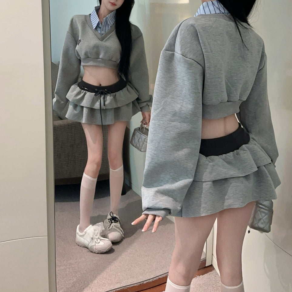 French Sexy Contrast Color Fake Two-Piece Sweatshirt High Waist Skirt Two-Piece Set