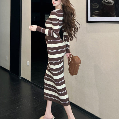 Retro Color-Block Striped V-Neck Knit Dress
