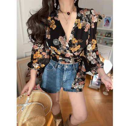 Retro V-Neck Lantern Sleeve Tie-Up Floral Shirt