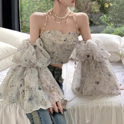 French Floral Puff Sleeve Sexy Shirt