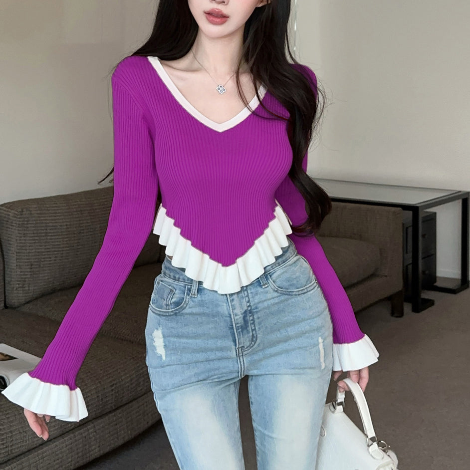 Ruffle Contrast Color Fashionable Sexy Irregular Long-Sleeved Knitted T-Shirt