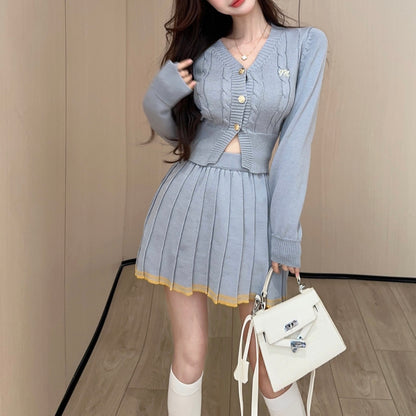 Fashionable And Sexy V-Neck Single-Breasted Knitted Cardigan Top And Skirt Two-Piece Set