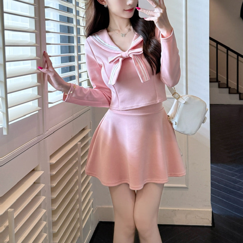 Navy Collar Long-Sleeved Cropped Top And A-Line Skirt Two-Piece Set