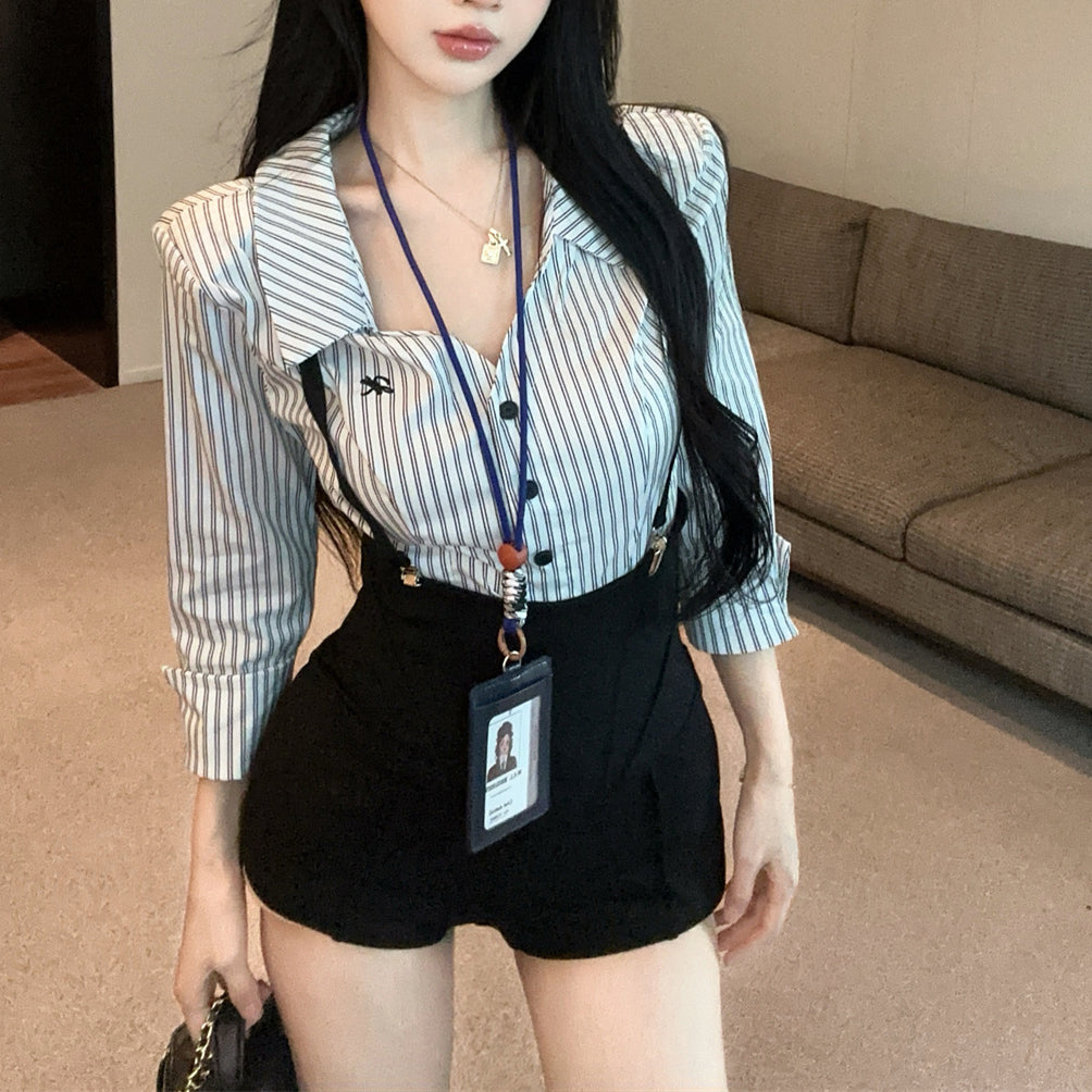 Sexy Contrasting Lapel Shirt And High-Waisted Overalls Shorts Set