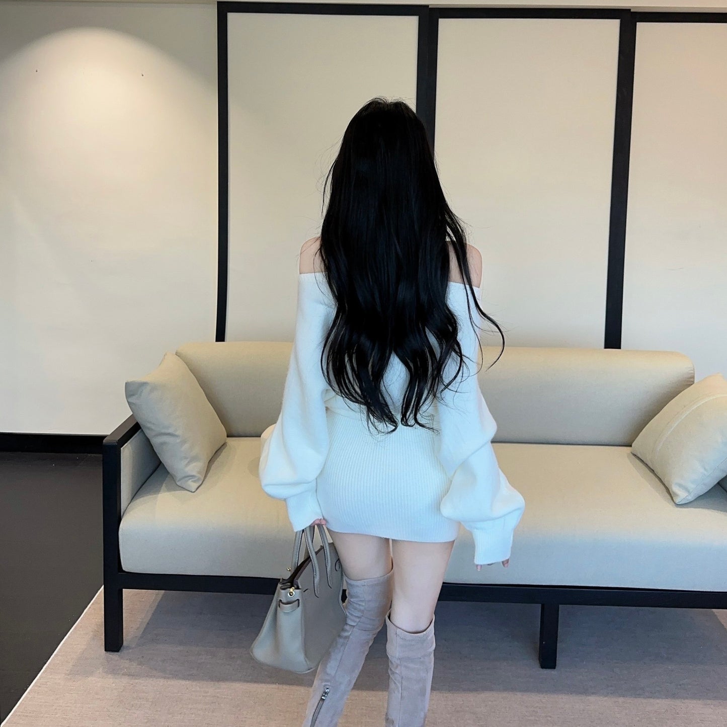 French-Style Sexy Off-Shoulder Rhinestone Knit Dress