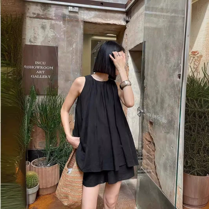 Sleeveless Cotton-Linen Top & Loose Shorts Two-Piece Set