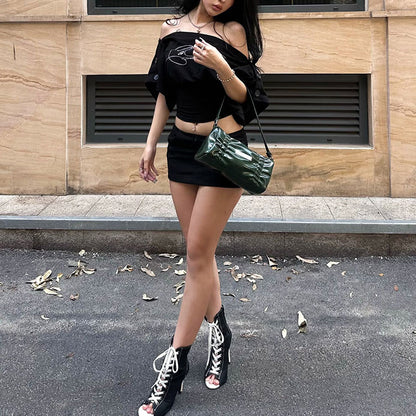 Trendy Letter-Print Off-Shoulder Fitted Top