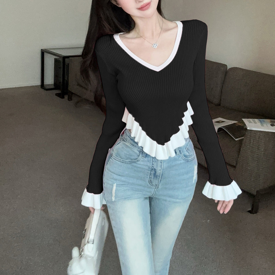 Ruffle Contrast Color Fashionable Sexy Irregular Long-Sleeved Knitted T-Shirt