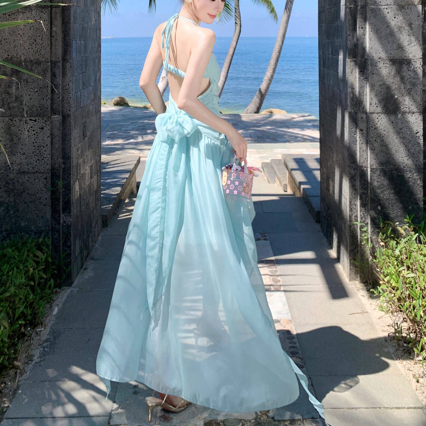 Halter-Neck Bow Backless Holiday Dress