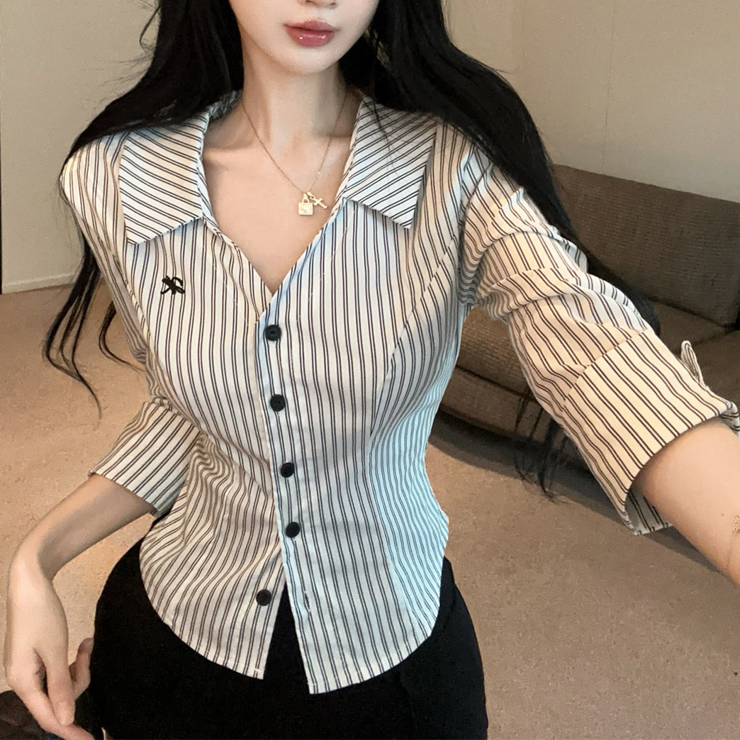 Sexy Contrasting Lapel Shirt And High-Waisted Overalls Shorts Set