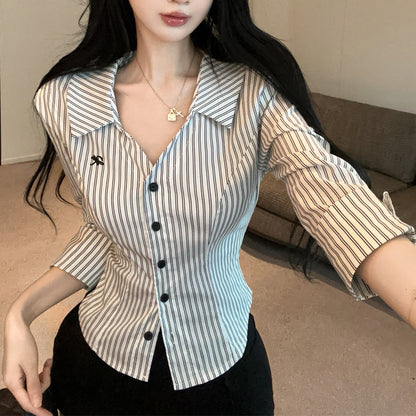 Sexy Contrasting Lapel Shirt And High-Waisted Overalls Shorts Set