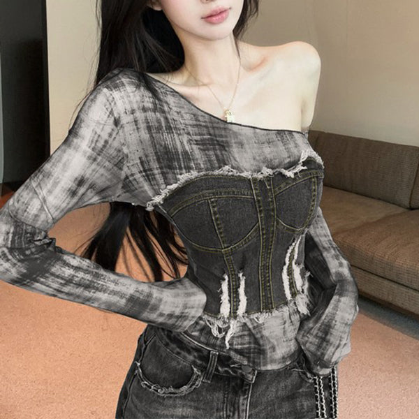 Printed Denim Long-Sleeved T-Shirt