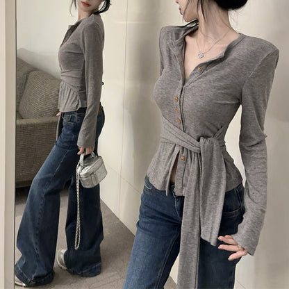 Single-Breasted Fashionable Sexy Chic Long-Sleeved Tie T-Shirt