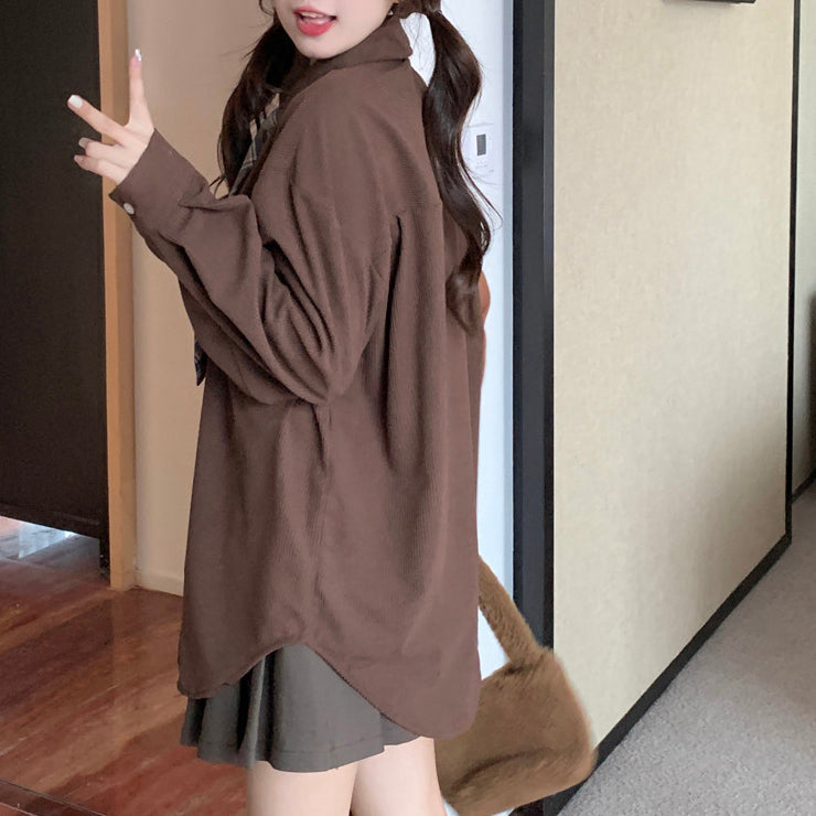 Retro Embroidered Corduroy Color-Blocked Tie Shirt