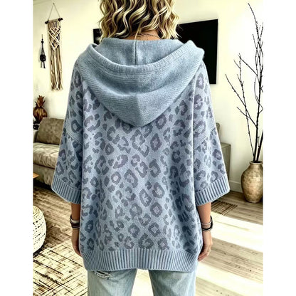 Leopard Print Hooded Drawstring Knit Pullover Sweater