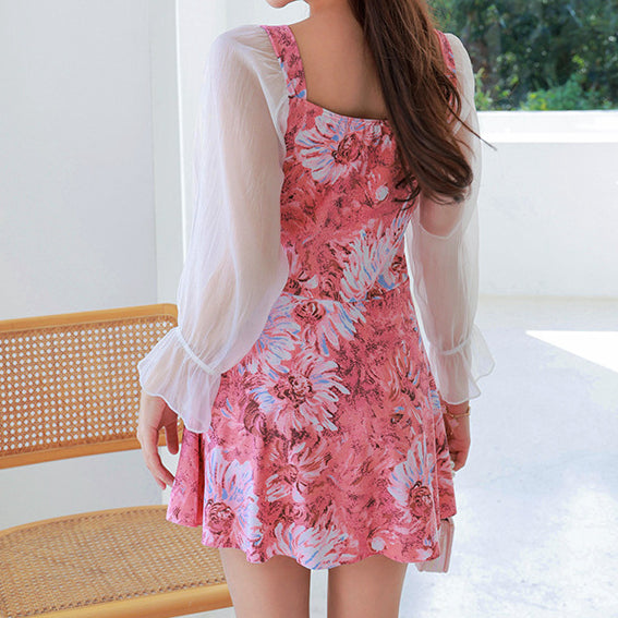 Floral cutout long-sleeve one-piece swimsuit
