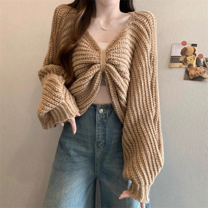 V-Neck Bow-Tie Knit Long-Sleeved Top