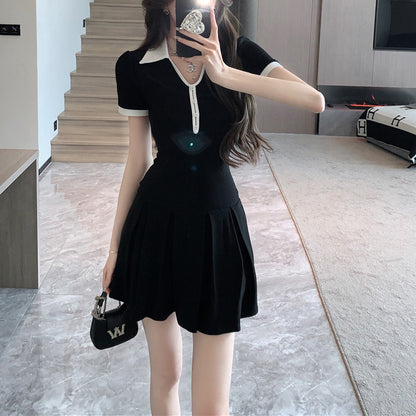 Audrey Hepburn-Style Black Color-Block Polo Dress